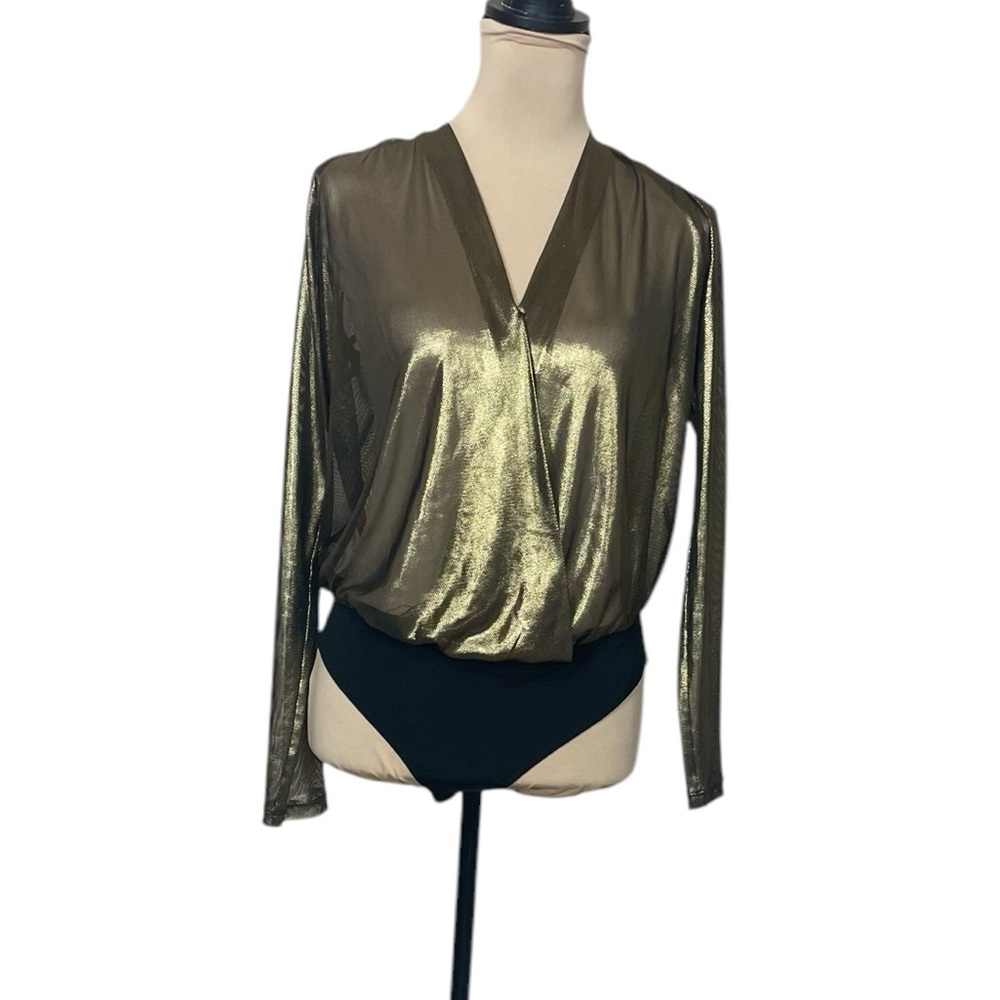 EUC BCBGeneration Sheer Gold Metallic Bodysuit with Long Sleeves (K-1)